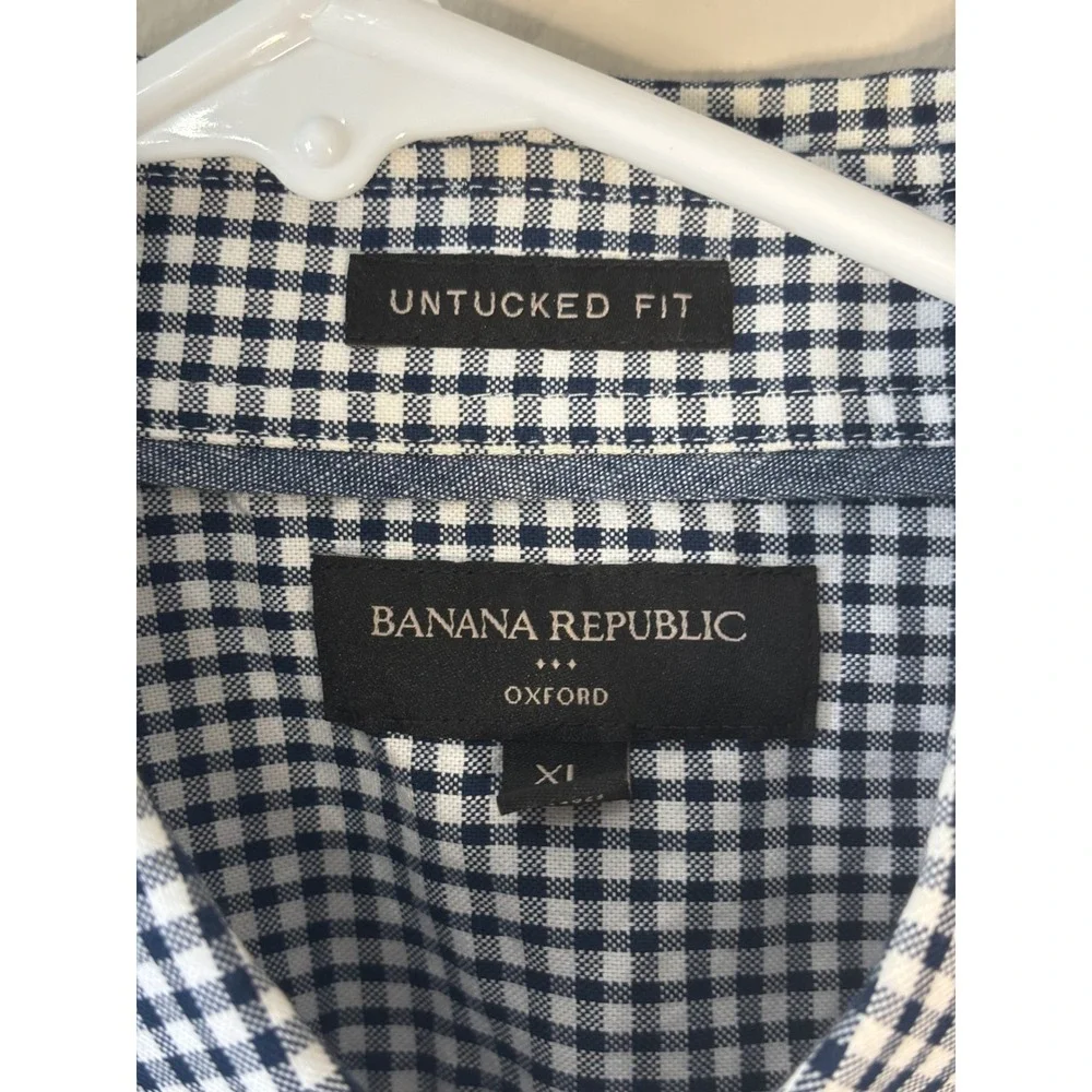 Banana Republic Mens XL Untucked Fit Oxford Shirt Navy Gingham Check Cotton‎